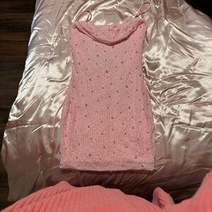 Beaded Pink Spaghetti Strap Mini Dress